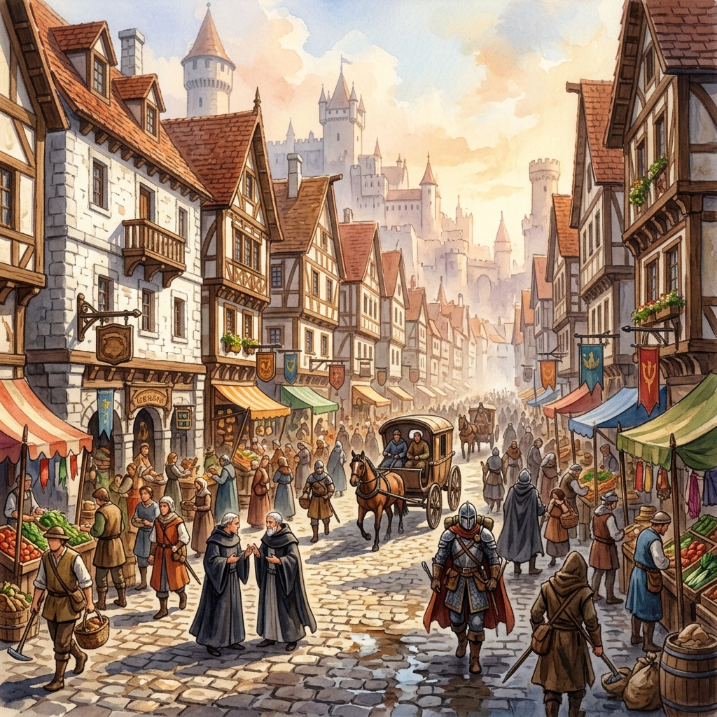 帝都の大通り──石壁の建物と行き交う人々